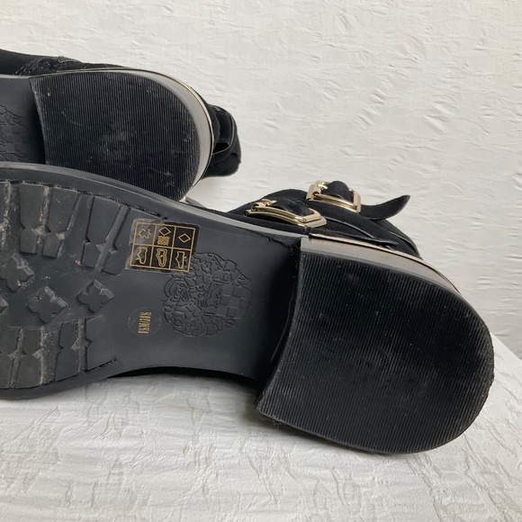 Vince Camuto Webey Black Suede Moto Boots Biker Cowgirl Block Heel Gold Trim 8.5 - Picture 13 of 15